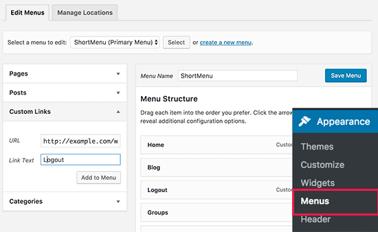 Adding the Logout Link in WordPress Navigation Menus